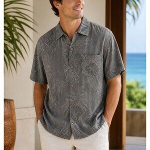 Tommy Bahama 100% Silk Men's Hawaiian Floral Camp Gray Shirt Large